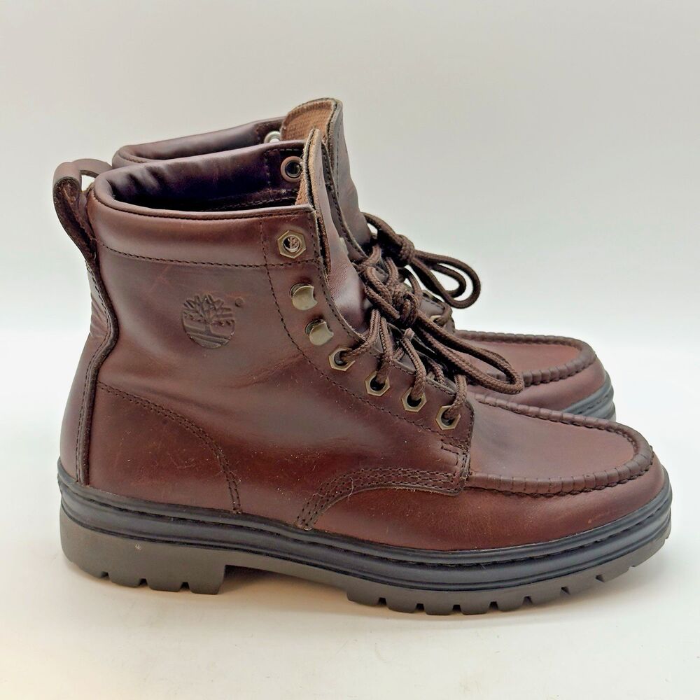 Vintage Timberland Dark Brown Leather Men's 8M Waterproof Moc Toe Lace Up Boots